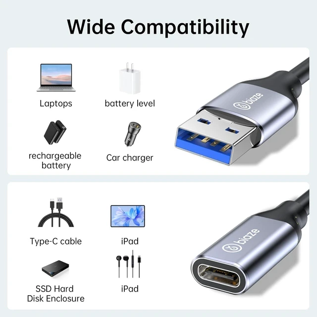 Alt view image 4 of 7 - USB-A Male to USB-C Female Adapter (USB 3.2 Gen 2), 10Gbps SuperSpeed Data Transfer & 5V/3A Fast Charging Converter, Aluminum Dongle for VR Headset Link, PC, Laptops & SSDs