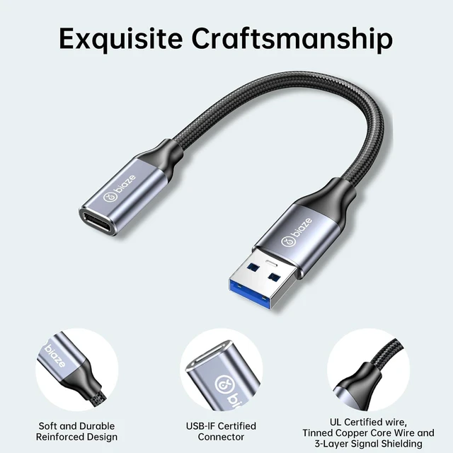 Alt view image 6 of 7 - USB-A Male to USB-C Female Adapter (USB 3.2 Gen 2), 10Gbps SuperSpeed Data Transfer & 5V/3A Fast Charging Converter, Aluminum Dongle for VR Headset Link, PC, Laptops & SSDs