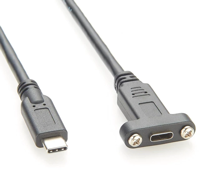 Main image of USB-C Screw Panel Mount Extension Cable (0.3M / 1ft), 10Gbps (USB 3.2 Gen 2), 100W (20V/5A) PD & 4K@60Hz Type-C Male to Female Dual Screw Locking Cord for Chassis & Embedded PC
