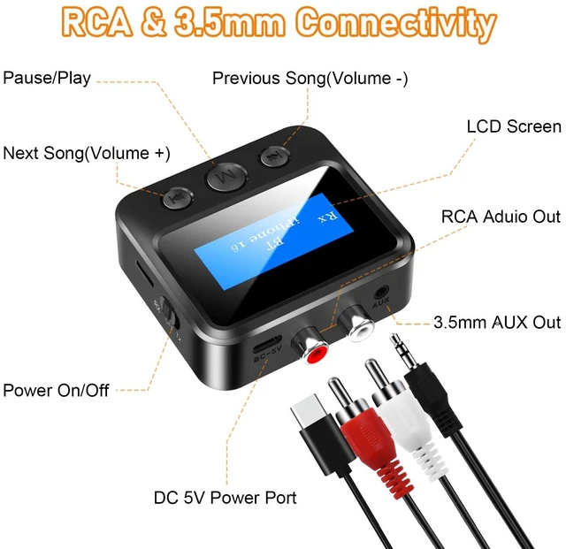 Alt view image 7 of 7 - Bluetooth 5.3 Audio Receiver for Home Stereo, Wireless Hi-Fi Music Adapter with RCA L/R & 3.5mm AUX Outputs, TF Card Playback & Low Latency for Vintage Amplifier & Speakers