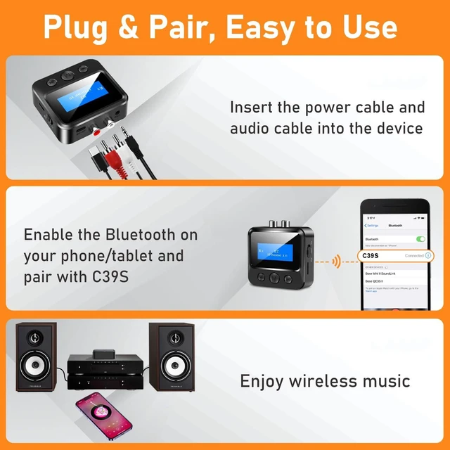 Alt view image 5 of 7 - Bluetooth 5.3 Audio Receiver for Home Stereo, Wireless Hi-Fi Music Adapter with RCA L/R & 3.5mm AUX Outputs, TF Card Playback & Low Latency for Vintage Amplifier & Speakers
