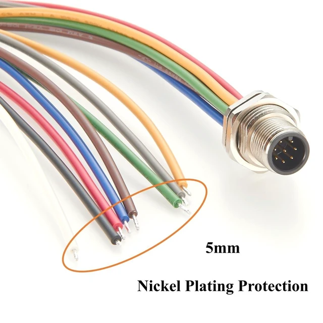 Alt view image 3 of 7 - M12 A-Coded 8-Pin Connector Cable (Male, 20cm / 8"), IP67 Waterproof Front Panel Mount Sensor Receptacle with Pre-Wired Pigtail Leads for Industrial Automation & Robotics