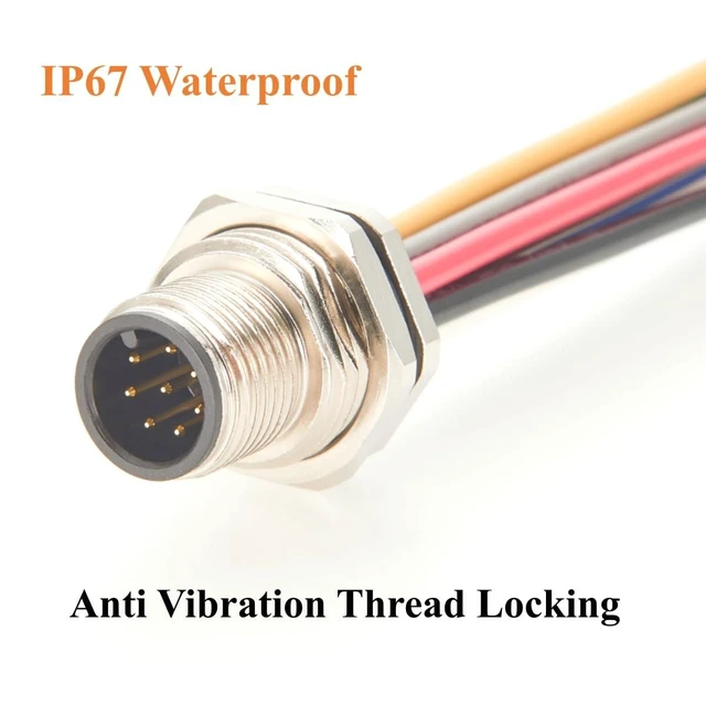 Alt view image 4 of 7 - M12 A-Coded 8-Pin Connector Cable (Male, 20cm / 8"), IP67 Waterproof Front Panel Mount Sensor Receptacle with Pre-Wired Pigtail Leads for Industrial Automation & Robotics