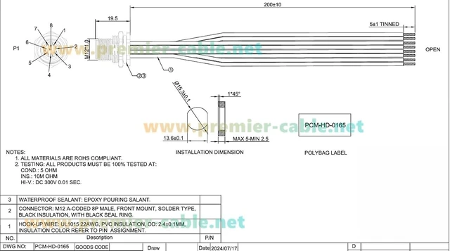 Alt view image 5 of 7 - M12 A-Coded 8-Pin Connector Cable (Male, 20cm / 8"), IP67 Waterproof Front Panel Mount Sensor Receptacle with Pre-Wired Pigtail Leads for Industrial Automation & Robotics