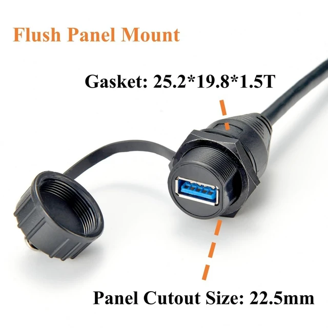 Alt view image 2 of 6 - USB 3.0 Flush Panel Mount Extension Cable (0.75M / 2.5ft), 5Gbps IP67 Waterproof Threaded Bulkhead USB-A Male to Female Cord with Cap for Control Cabinets, Marine & Dashboards