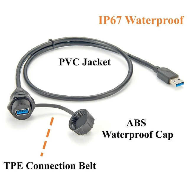 Alt view image 3 of 6 - USB 3.0 Flush Panel Mount Extension Cable (0.75M / 2.5ft), 5Gbps IP67 Waterproof Threaded Bulkhead USB-A Male to Female Cord with Cap for Control Cabinets, Marine & Dashboards