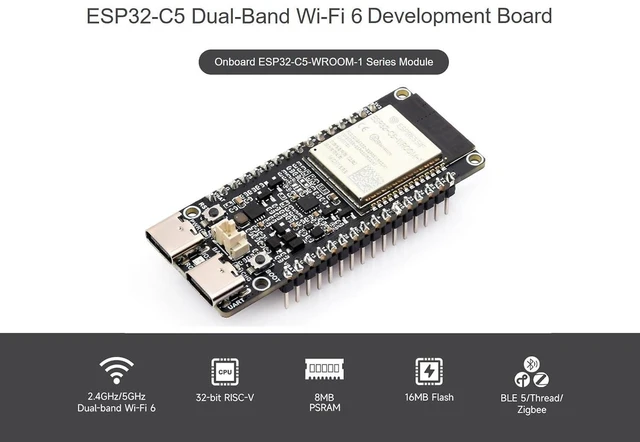 Alt view image 2 of 7 - ESP32-C5 Dual-Band Wi-Fi 6 Development Board, 240MHz RISC-V Processor, 2.4GHz & 5GHz, BLE 5, Zigbee & Thread, 16MB Flash, 8MB PSRAM with Pin Headers & USB-C
