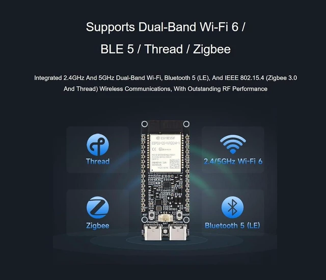 Alt view image 4 of 7 - ESP32-C5 Dual-Band Wi-Fi 6 Development Board, 240MHz RISC-V Processor, 2.4GHz & 5GHz, BLE 5, Zigbee & Thread, 16MB Flash, 8MB PSRAM with Pin Headers & USB-C