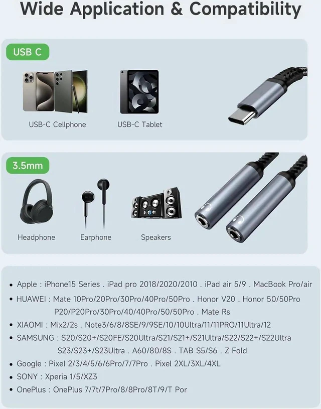 Alt view image 4 of 7 - USB-C to Dual 3.5mm Headphone Jack Splitter, Hi-Res DAC 2-Way Audio Sharing Y-Cable Adapter, Braided Type-C Aux Converter for USB-C Smartphones, Tablets & Laptops