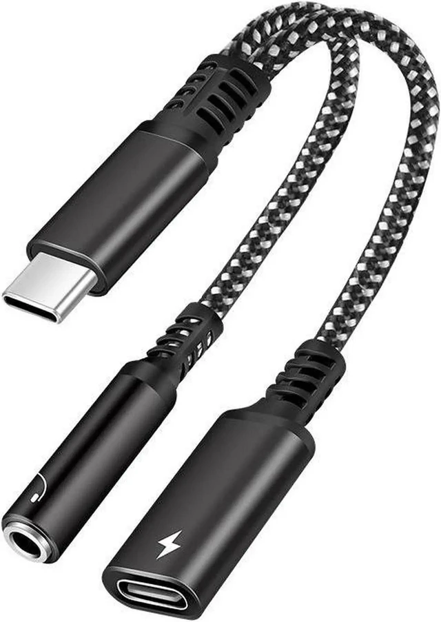 Main image of 2-in-1 USB-C to 3.5mm Headphone & Charger Adapter, Hi-Res DAC Aux Dongle with 60W PD Fast Charging, Mic & In-Line Control for USB-C Phones, Tablets & Laptops, Black