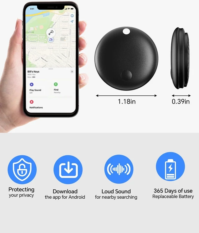 Alt view image 3 of 6 - Smart Bluetooth Tracker Tag (1-Pack), IP67 Waterproof Key Finder & Item Locator with 90dB Loud Buzzer, Replaceable CR2032 Battery for Keys, Luggage & Wallets, Black