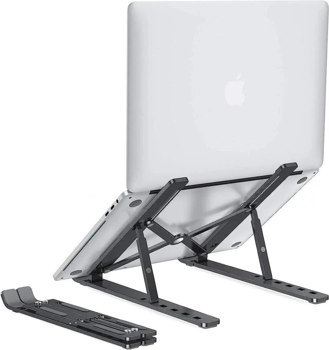 Main image of Ergonomic Aluminum Laptop Stand for Desk, Ventilated Desktop Laptop Riser with Anti-Slip Silicone Pads, Open-Air Cooling Holder Compatible with 10-15.6" Laptops & Tablets, Black