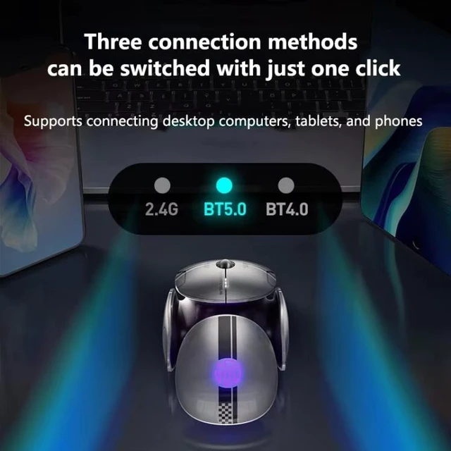 Alt view image 4 of 7 - Tri-Mode Wireless Mouse (BT 5.0 / BT 4.0 / 2.4GHz), Silent Rechargeable Optical Mouse with LED Battery Indicator & 3 Adjustable DPI (800-1600) for PC & Laptop, Metal Gray