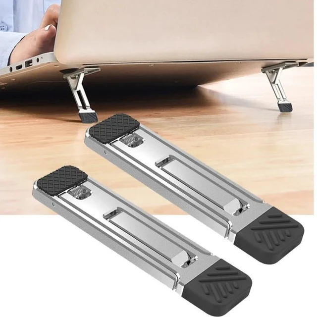 Main image of Mini Invisible Laptop Stand Feet (2-Pack), Foldable Zinc Alloy Cooling Riser with Non-Slip Silicone & Reusable Adhesive for Laptops, Keyboards & Tablets, Light Gray