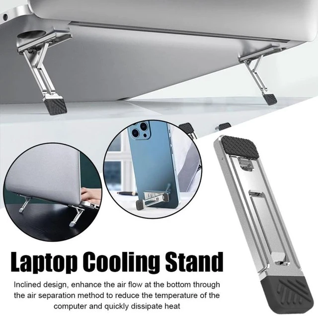 Alt view image 2 of 7 - Mini Invisible Laptop Stand Feet (2-Pack), Foldable Zinc Alloy Cooling Riser with Non-Slip Silicone & Reusable Adhesive for Laptops, Keyboards & Tablets, Light Gray