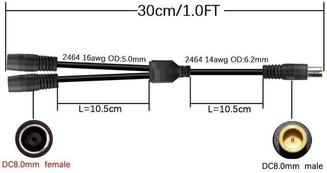 Alt view image 3 of 7 - DC7909 Y Splitter Cable (30cm / 1ft), 14AWG Heavy Duty DC 8mm (7.9x0.9mm) 1 Male to 2 Female Parallel Charging Adapter for Solar Panels & Portable Power Stations, Black