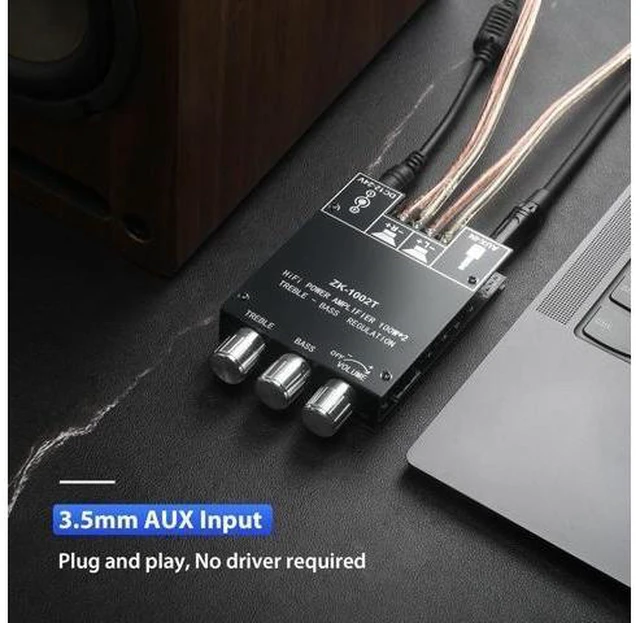 Alt view image 3 of 6 - ZK-1002T Bluetooth 5.0 Audio Power Amplifier Board (100W+100W), 2.0 Channel TPA3116D2 Class D Stereo Amp Module with Treble & Bass Control Knobs, AUX Input, DC 12V-24V
