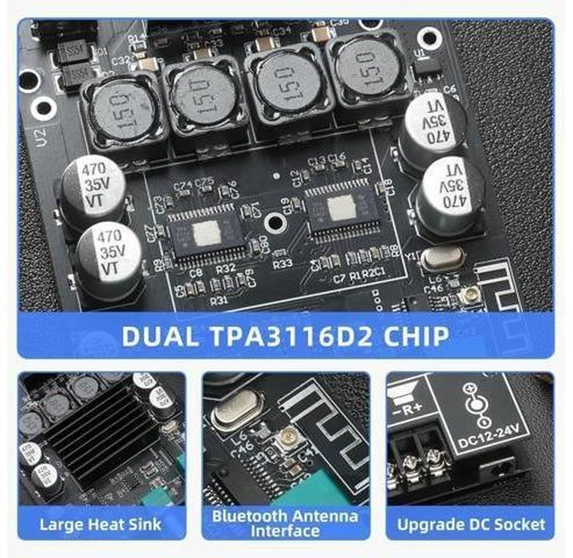 Alt view image 6 of 6 - ZK-1002T Bluetooth 5.0 Audio Power Amplifier Board (100W+100W), 2.0 Channel TPA3116D2 Class D Stereo Amp Module with Treble & Bass Control Knobs, AUX Input, DC 12V-24V