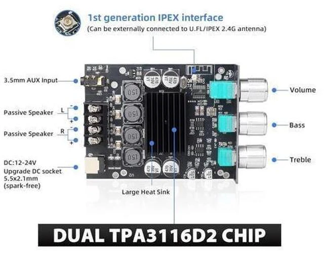 Alt view image 2 of 6 - ZK-1002T Bluetooth 5.0 Audio Power Amplifier Board (100W+100W), 2.0 Channel TPA3116D2 Class D Stereo Amp Module with Treble & Bass Control Knobs, AUX Input, DC 12V-24V
