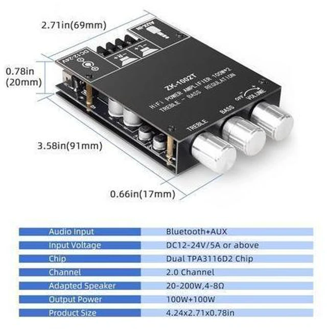 Alt view image 5 of 6 - ZK-1002T Bluetooth 5.0 Audio Power Amplifier Board (100W+100W), 2.0 Channel TPA3116D2 Class D Stereo Amp Module with Treble & Bass Control Knobs, AUX Input, DC 12V-24V