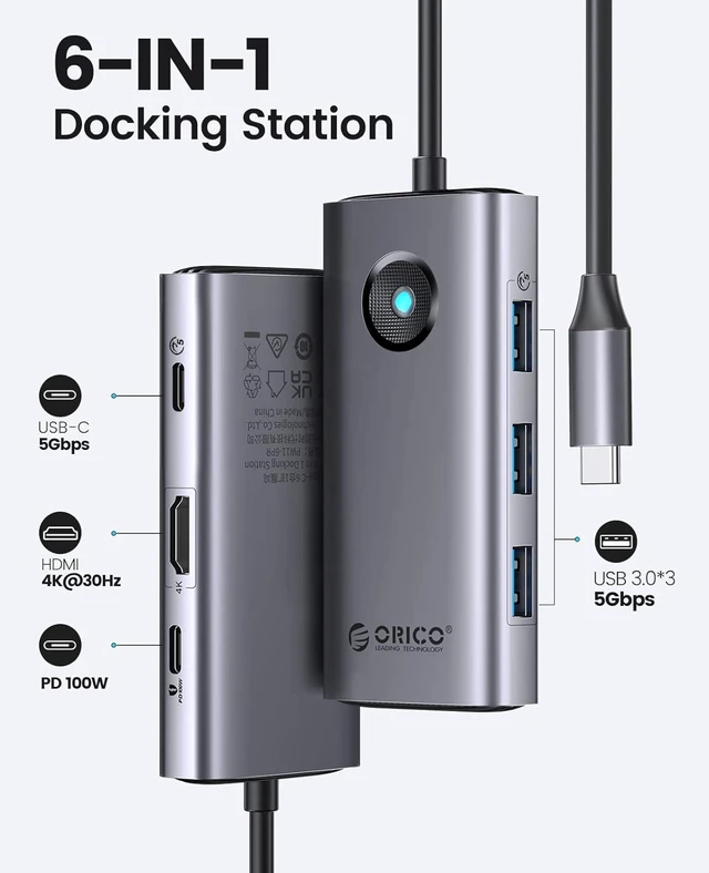 Alt view image 2 of 7 - 6 in 1 USB C Docking Station Type-C Hub Multiport Adapter HDMI 4K PD100W 3 USBA 3.0 USBC 3.0 5Gbps USB Power Delivery Data Transfer 4K Output for laptops tablets mobile phones