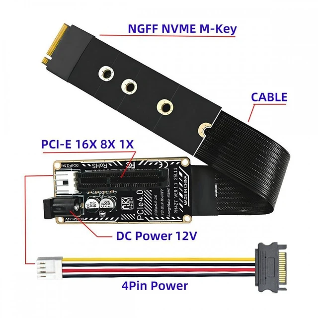 Alt view image 2 of 7 - M.2 NGFF NVMe M-Key to PCI-E X1 X4 X8 X16 Graphics Card Riser Cable Extension Adapter PCI-Express for M.2 2260 2280 with 12V/5V SATA Power Cord for Motherboard PCIe X4 Device Cards