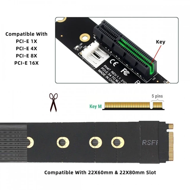Alt view image 3 of 7 - M.2 NGFF NVMe M-Key to PCI-E X1 X4 X8 X16 Graphics Card Riser Cable Extension Adapter PCI-Express for M.2 2260 2280 with 12V/5V SATA Power Cord for Motherboard PCIe X4 Device Cards