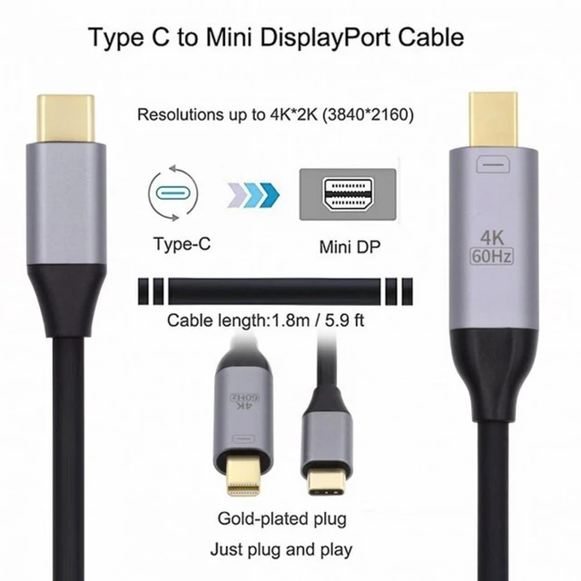 Alt view image 5 of 7 - USB 3.1 Type-C USB-C Source to Mini DisplayPort DP Male 4K Monitor Cable 30Hz Mirrored Extended or Primary Display Modes for Multiple Type-C Laptop Setups Inner Chipset Driver CD 1.8m