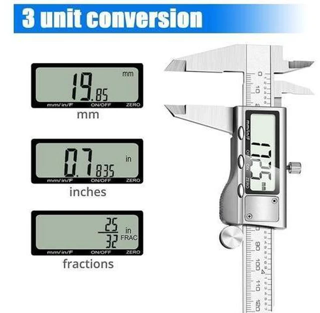 Alt view image 3 of 7 - 6 Inch Digital Vernier Caliper Measuring Tool Stainless Steel Digital Micrometer 0-150 mm Range Large LCD Screen Inch Metric Fraction Conversion 4 Measurement Modes Zero Setting for DIY Household