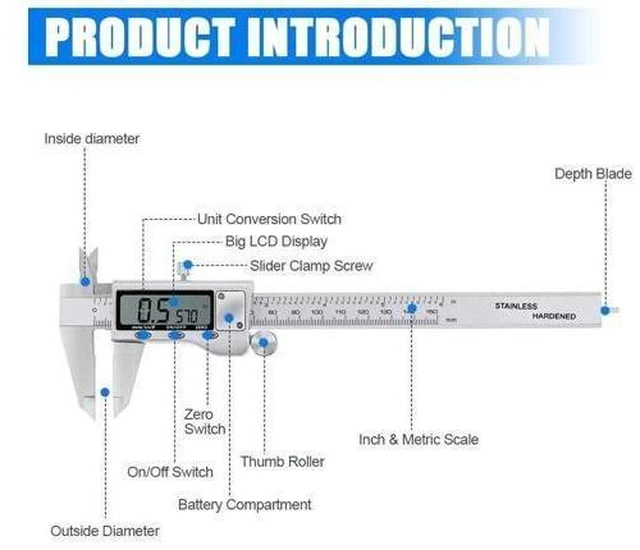 Alt view image 7 of 7 - 6 Inch Digital Vernier Caliper Measuring Tool Stainless Steel Digital Micrometer 0-150 mm Range Large LCD Screen Inch Metric Fraction Conversion 4 Measurement Modes Zero Setting for DIY Household