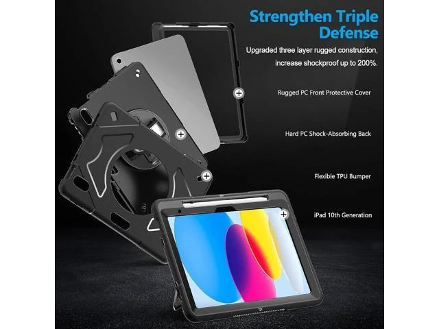 Alt view image 3 of 7 - Case for iPad 10th Generation 2022 Case 10.9 Inch A2757/A2777 Military Grade Heavy Duty Shockproof Cover Full Body Protection 360° Rotating Stand Adjustable Hand Strap Detachable Shoulder Strap Black