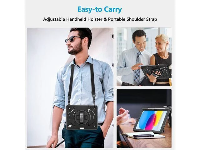Alt view image 5 of 7 - Case for iPad 10th Generation 2022 Case 10.9 Inch A2757/A2777 Military Grade Heavy Duty Shockproof Cover Full Body Protection 360° Rotating Stand Adjustable Hand Strap Detachable Shoulder Strap Black