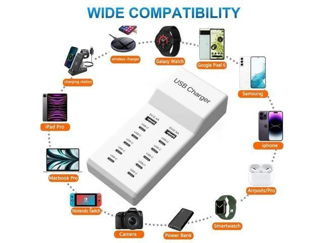 Alt view image 2 of 7 - 12 Ports USB-C Charger USB Charging Station 60W MultiPort Charger 10 USBC at 5V/2.4A+2 USBA at 5V/3.1A Simultaneous Charging Desktop Compatible with iPhone iPad Samsung Google Watch Headphones