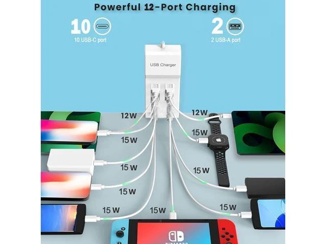 Alt view image 6 of 7 - 12 Ports USB-C Charger USB Charging Station 60W MultiPort Charger 10 USBC at 5V/2.4A+2 USBA at 5V/3.1A Simultaneous Charging Desktop Compatible with iPhone iPad Samsung Google Watch Headphones