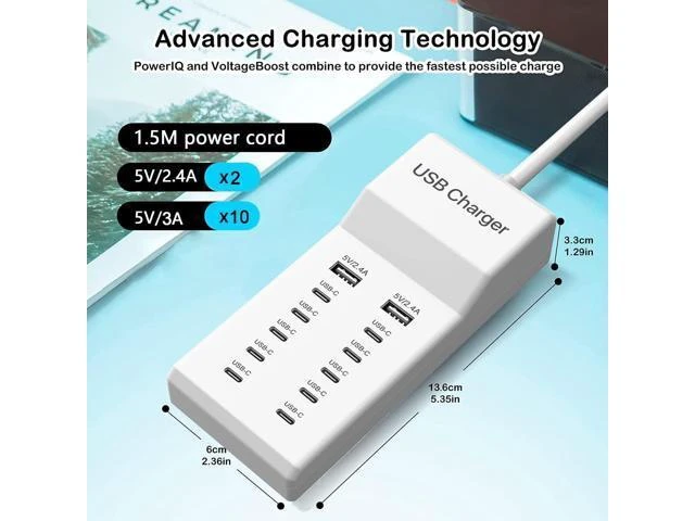 Alt view image 4 of 7 - 12 Ports USB-C Charger USB Charging Station 60W MultiPort Charger 10 USBC at 5V/2.4A+2 USBA at 5V/3.1A Simultaneous Charging Desktop Compatible with iPhone iPad Samsung Google Watch Headphones
