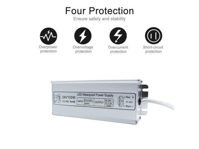 Alt view image 2 of 7 - 100W IP67 Waterproof LED Power Supply Driver AC 110-260V to DC 24V 4.2A Low Voltage Transformer Adapter with 3-Prong Plug Non-Dimmable Automatic Protection for LED Lights Computer Projects Outdoor Use