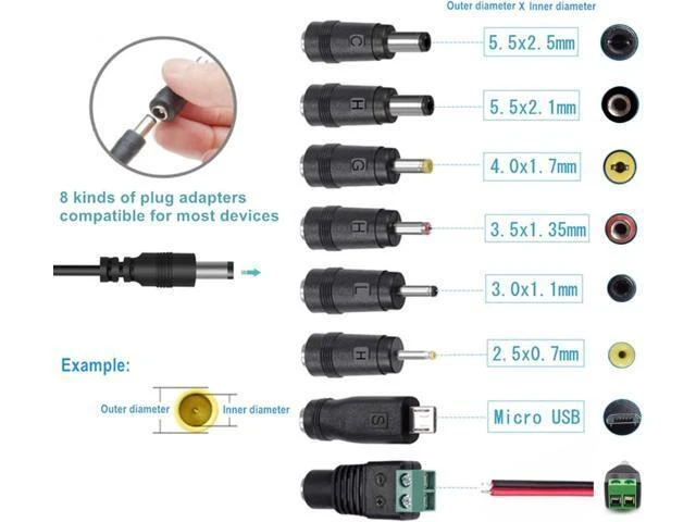 Alt view image 2 of 7 - Universal AC-DC Power Adapter 15V 1A 15W AC100V-240V 50/60Hz Input DC15V 100mA-1000mA Output 5.5mm x 2.1mm Plug with 8 DC Plug Adapters Inner Positive Outer Negative