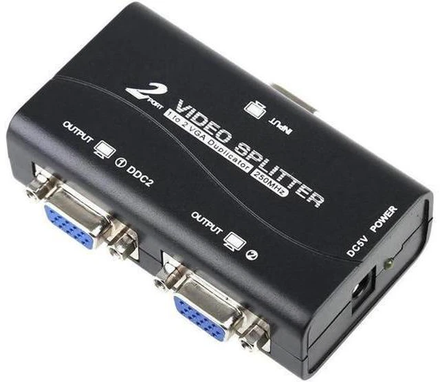Main image of 1X2 VGA Splitter 1 Input 2 Output 2 Port High Resolution Video Splitter HUB 250MHz 1920x1440@60Hz DDC DDC2 DDC2B Compatible 100ft/30m Transmission 3 Daisy Chained for Computer Monitors