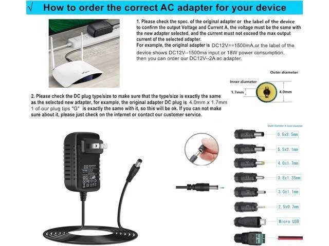 Alt view image 7 of 7 - Universal AC-DC Power Adapter 15V 1A 15W AC100V-240V 50/60Hz Input DC15V 100mA-1000mA Output 5.5mm x 2.1mm Plug with 8 DC Plug Adapters Inner Positive Outer Negative