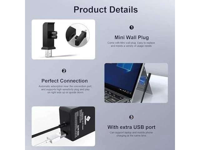 Alt view image 2 of 5 - 65W Charger with 6FT Power Cord 100-240V 50/60Hz Input 15V-4A Output USB 5V-1A 5W Port Thermal Control Overload Cut-Off Short Circuit Protection for Tablets & Laptops Supports 44W 36W