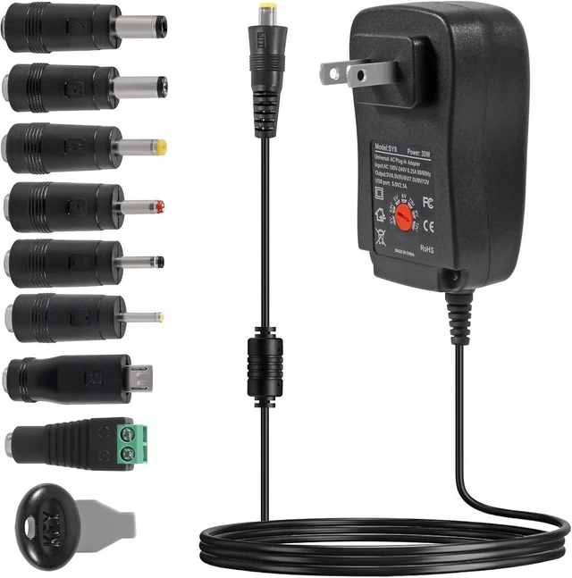 Main image of 30W Universal AC/DC Adapter Power Supply Adjustable Voltage 3V 4.5V 5V 6V 7.5V 9V 12V 100-240V 50/60Hz with 8 Selectable Tips USB Port 1.2A Overvoltage Protection for Household Electronics