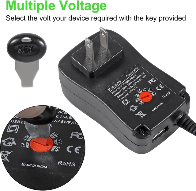 Alt view image 2 of 7 - 30W Universal AC/DC Adapter Power Supply Adjustable Voltage 3V 4.5V 5V 6V 7.5V 9V 12V 100-240V 50/60Hz with 8 Selectable Tips USB Port 1.2A Overvoltage Protection for Household Electronics