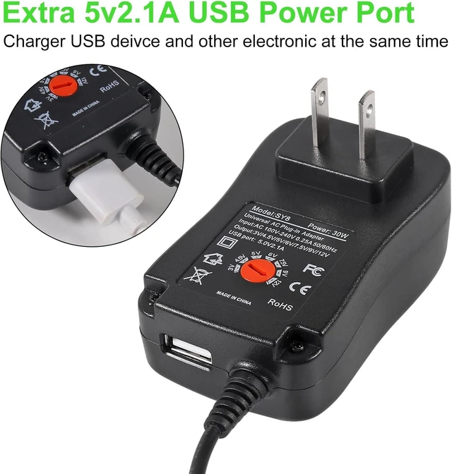 Alt view image 7 of 7 - 30W Universal AC/DC Adapter Power Supply Adjustable Voltage 3V 4.5V 5V 6V 7.5V 9V 12V 100-240V 50/60Hz with 8 Selectable Tips USB Port 1.2A Overvoltage Protection for Household Electronics