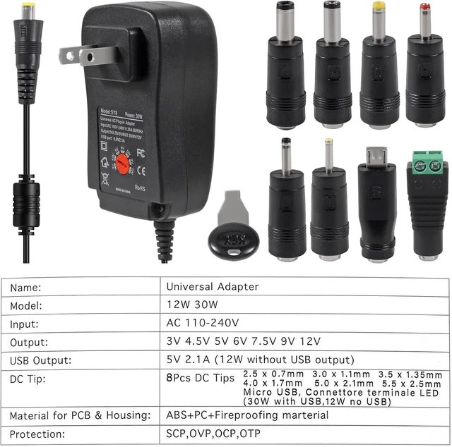 Alt view image 5 of 7 - 30W Universal AC/DC Adapter Power Supply Adjustable Voltage 3V 4.5V 5V 6V 7.5V 9V 12V 100-240V 50/60Hz with 8 Selectable Tips USB Port 1.2A Overvoltage Protection for Household Electronics