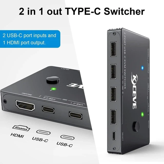 Alt view image 4 of 6 - 2 Port USB-C KVM Switch Type-C KVM Switcher 4K 60Hz Video 87W PD Fast Charging Driver-Free One-Button Switching for 2 Computers to Share One Monitor Keyboard Mouse & USB Peripherals