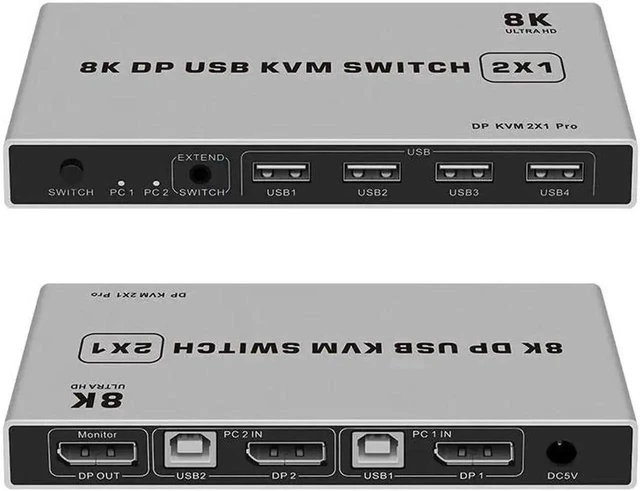 Main image of 2 Port DisplayPort 1.4 KVM Switch USB DP KVM Switcher 8K@60Hz 4K@144Hz for 2 PCs Share One Monitor Keyboard & Mouse One Button Switching Plug-and-Play No Extra Drivers High Bandwidth DP Signal