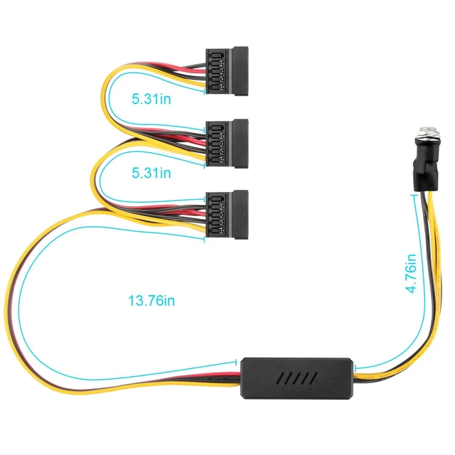 Alt view image 4 of 5 - DC 12V Female to 3 SATA IDE 5V Hard Drive Power Supply Cable DC 5.5x2.5mm SATA Female Extension Cable with Step-Down Voltage Regulator 31.5 inch 1007 18AWG 8mm Hole Diameter 1 to 3