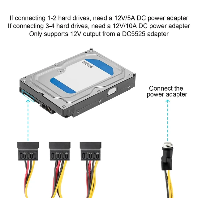 Alt view image 5 of 5 - DC 12V Female to 3 SATA IDE 5V Hard Drive Power Supply Cable DC 5.5x2.5mm SATA Female Extension Cable with Step-Down Voltage Regulator 31.5 inch 1007 18AWG 8mm Hole Diameter 1 to 3