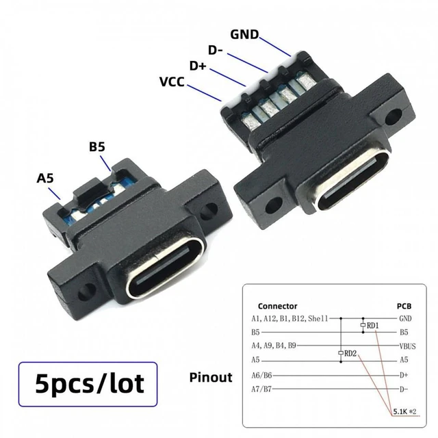 Alt view image 4 of 7 - 5pcs/set DIY OEM Type-C Female Socket Connector to 6Pin PCBA Pinout Vertical Screw Mount DC 5V/20V PD Power USB 2.0 480Mbps 65W Max Reversible Plug Orientation for Cabinet Devices