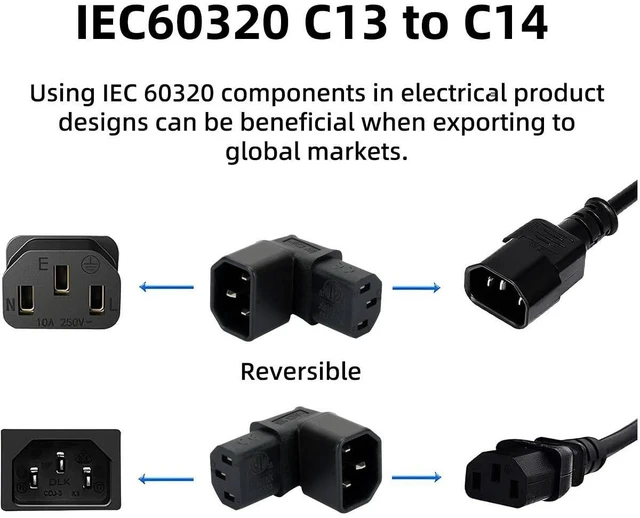Alt view image 3 of 7 - IEC 320 C14 Male to C13 Female 90° Up Angled Power Extension Connector Adapter 10A 250V for Limited Space PDU Chassis Power Supply and Peripheral Equipment